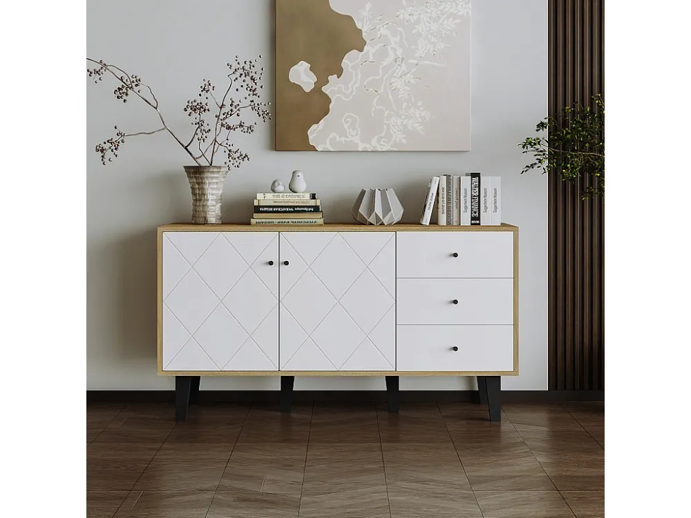 Buffet 148x42x81cm, armoire avec 2 portes et 3 tiroirs, étagère réglable pour salle à manger, salon ou cuisine, blanc