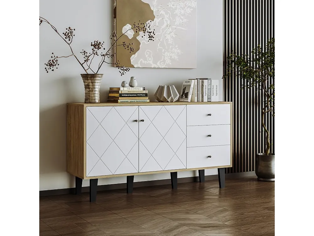 Buffet 148x42x81cm, armoire avec 2 portes et 3 tiroirs, étagère réglable pour salle à manger, salon ou cuisine, blanc