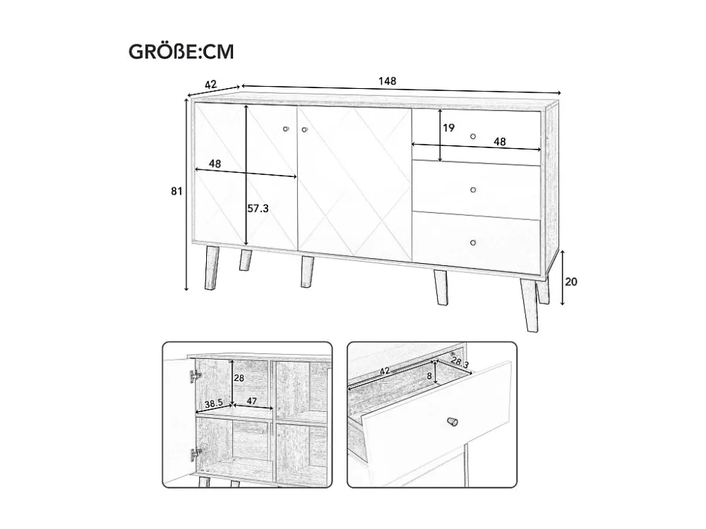 Buffet 148x42x81cm, armoire avec 2 portes et 3 tiroirs, étagère réglable pour salle à manger, salon ou cuisine, blanc