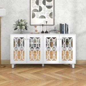 Buffet 160x40x81cm, avec 4 portes à miroir, stratifié mobile, poignées en cristal froid, pour salon et salle à manger, blanc