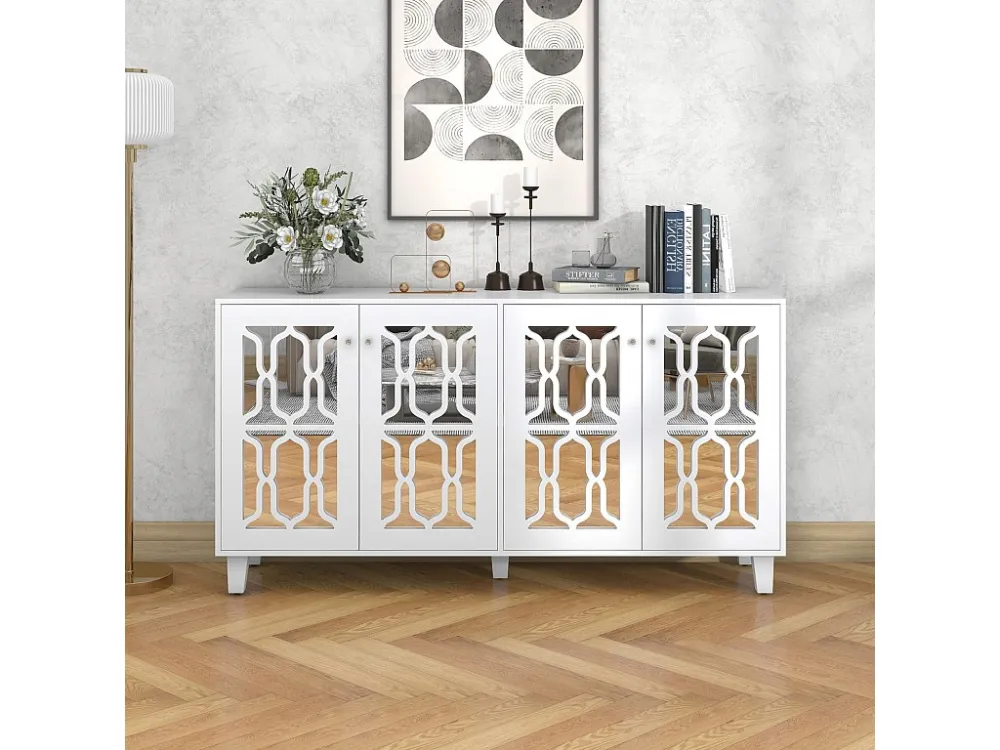 Buffet 160x40x81cm, avec 4 portes à miroir, stratifié mobile, poignées en cristal froid, pour salon et salle à manger, blanc