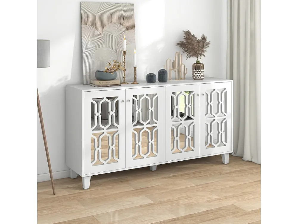 Buffet 160x40x81cm, avec 4 portes à miroir, stratifié mobile, poignées en cristal froid, pour salon et salle à manger, blanc