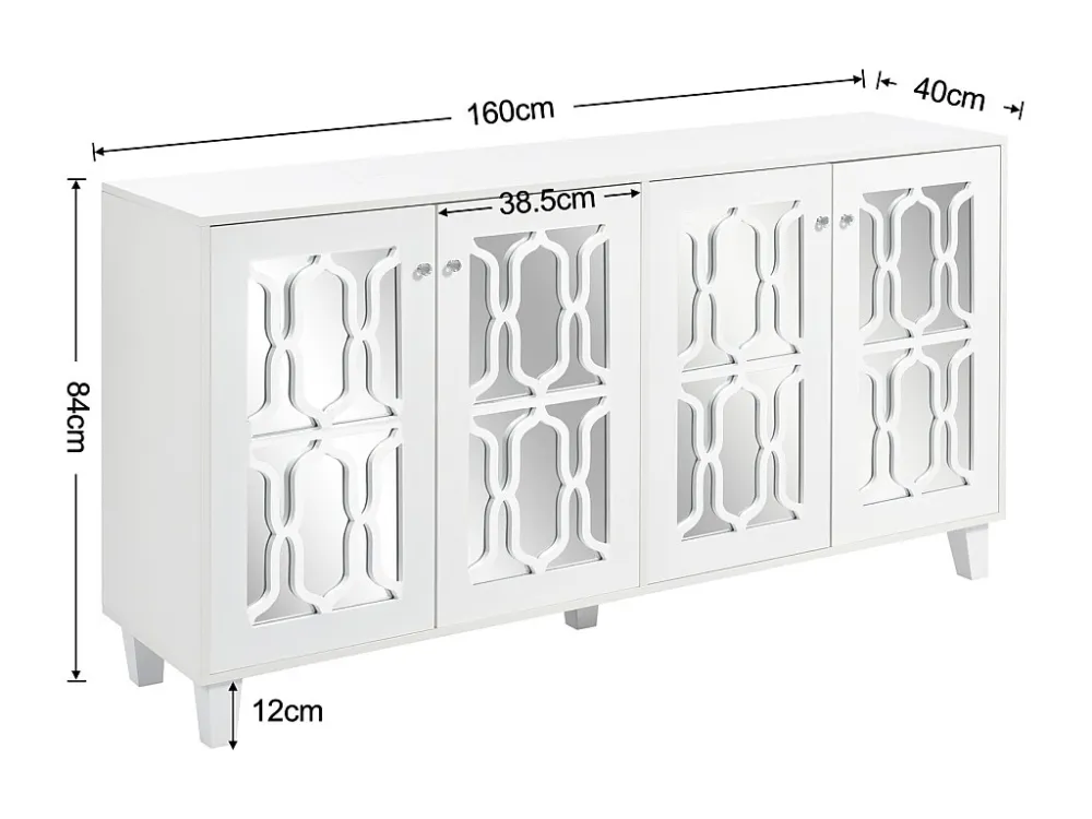 Buffet 160x40x81cm, avec 4 portes à miroir, stratifié mobile, poignées en cristal froid, pour salon et salle à manger, blanc