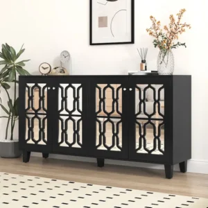 Buffet 160x40x81cm, avec 4 portes à miroir, stratifié mobile, poignées en cristal froid, pour salon et salle à manger, noir