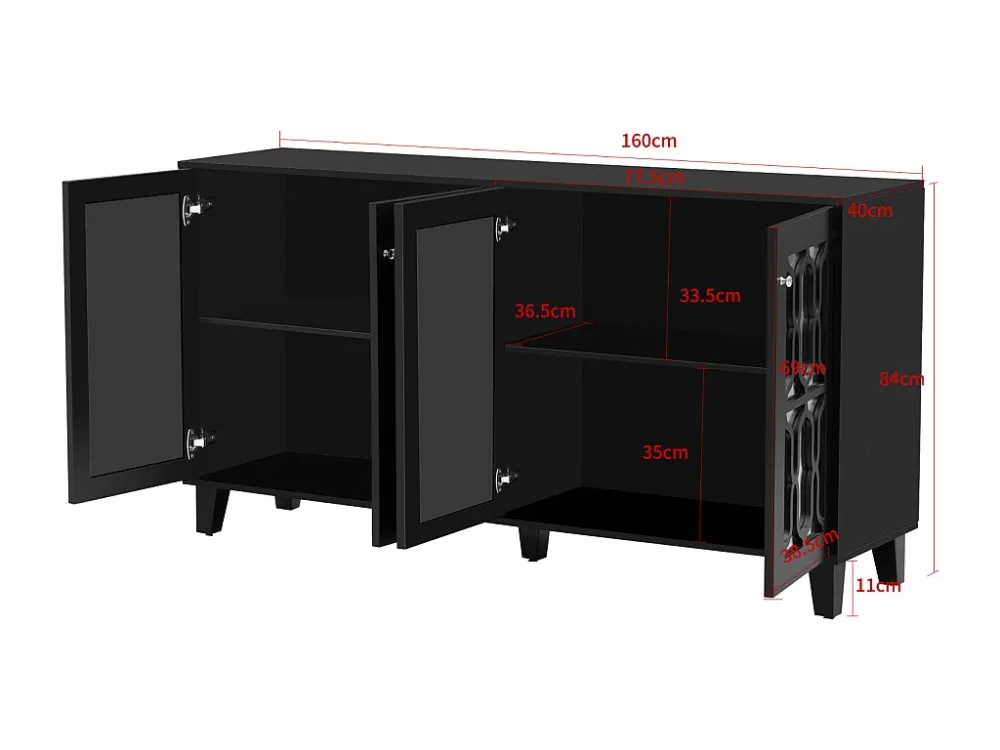 Buffet 160x40x81cm, avec 4 portes à miroir, stratifié mobile, poignées en cristal froid, pour salon et salle à manger, noir