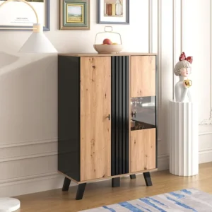 Buffet 80x120x40 (cm), avec verre et éclairage LED, design unique à rayures en bois noir, combinaison de couleurs noir et...