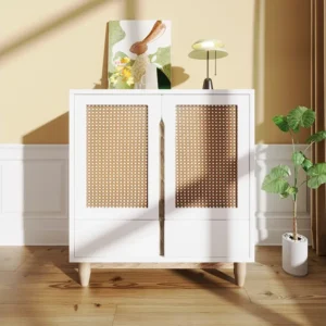 Buffet 80x40x86.5cm, avec 2 portes imitation rotin et 2 tiroirs, pieds en bois massif, blanc