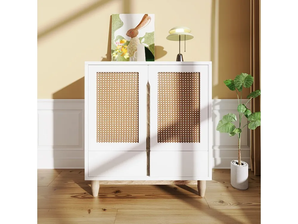 Buffet 80x40x86.5cm, avec 2 portes imitation rotin et 2 tiroirs, pieds en bois massif, blanc