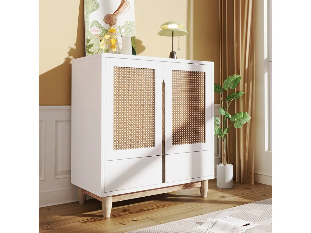 Buffet 80x40x86.5cm, avec 2 portes imitation rotin et 2 tiroirs, pieds en bois massif, blanc