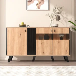 Buffet avec 3 poetrs, 140x78x41cm, avec espace de rangement, armoire avec éclairage LED et verre, polyvalent, en bois et noir