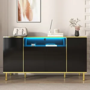Buffet Bahut 2 tiroirs 4 portes LED 150 x 40 x 80 cm Buffet noir brillant pour Salon Chambre Bureau
