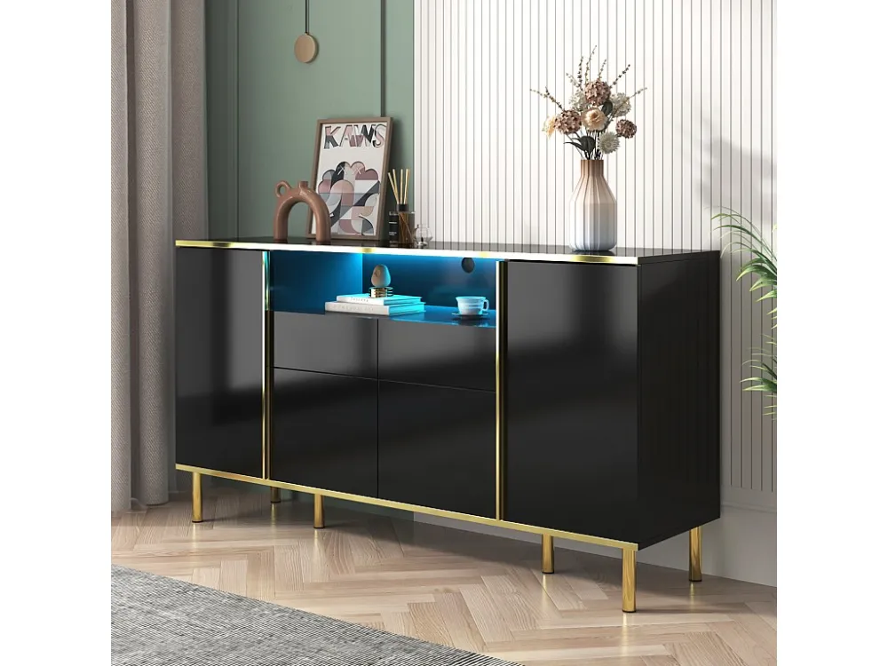 Buffet Bahut 2 tiroirs 4 portes LED 150 x 40 x 80 cm Buffet noir brillant pour Salon Chambre Bureau