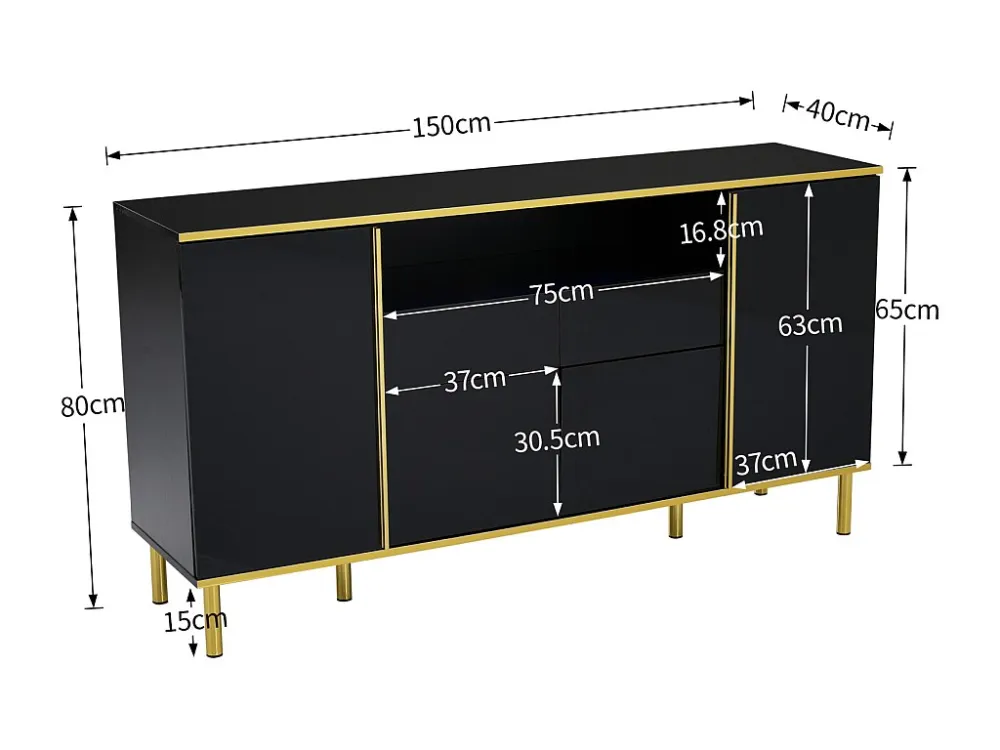 Buffet Bahut 2 tiroirs 4 portes LED 150 x 40 x 80 cm Buffet noir brillant pour Salon Chambre Bureau