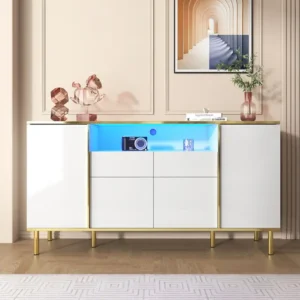 Buffet Bahut 2 tiroirs 4 portes LED 150 x 40 x 80 cm Buffet blanc brillant pour Salon Chambre Bureau