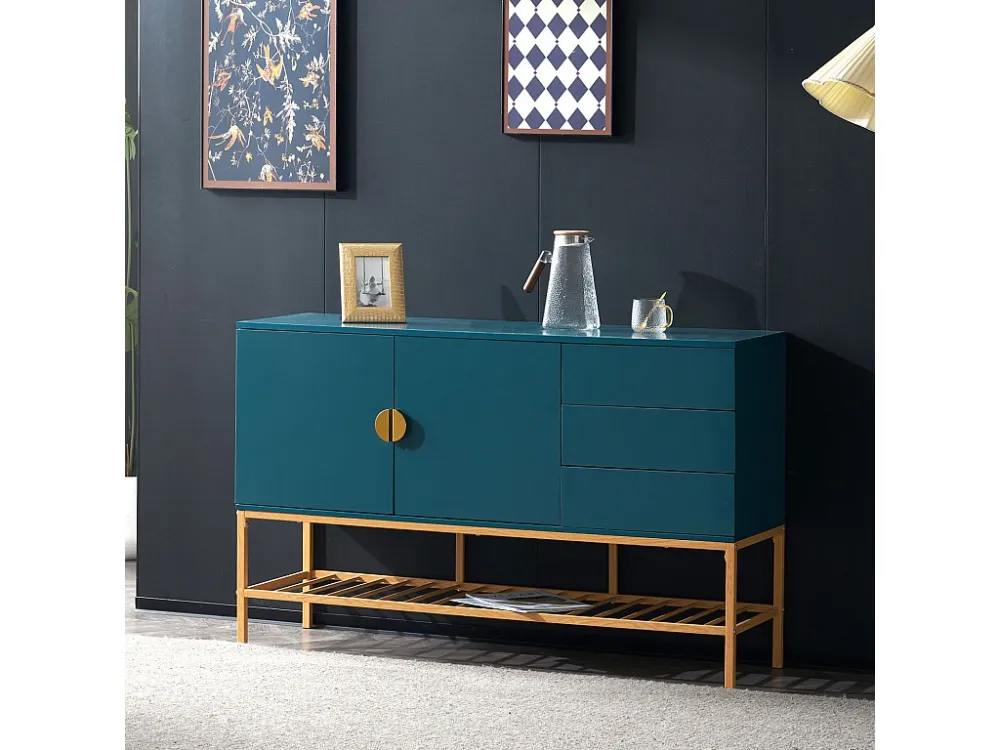Buffet bleu 130x39.9x82.4cm, Buffet Armoire en MDF, écorations dorées style classique
