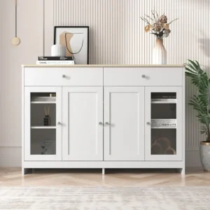 Buffet en bois blanc veiné 120 Lx37 Bx80H(cm) - Buffet avec 4portes avec verre et 2 tiroir pour cuisine, salon, salle à ma...