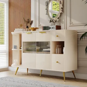 Buffet de cuisine 130x40x80cm, armoires de rangement de salon avec portes coulissantes en verre et lumières LED, MDF, blanc