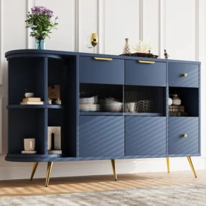 Buffet de cuisine 130x40x80cm, armoires de rangement de salon avec portes coulissantes en verre et lumières LED, MDF, bleu