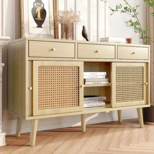 Buffet en rotin 120x40x78cm, avec 3 tiroirs et 3 portes coulissantes, pieds en bois massif, poignée en métal doré, étagère...