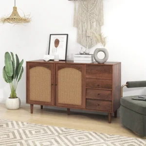 Buffet en rotin - Armoire de rangement 3 tiroirs 2 portes - Meuble pour chambre - Couleur du bois 130x75.5x40 cm