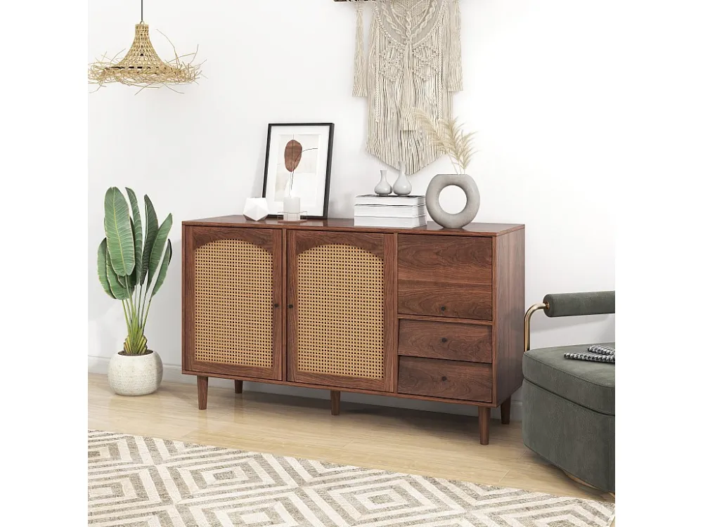 Buffet en rotin - Armoire de rangement 3 tiroirs 2 portes - Meuble pour chambre - Couleur du bois 130x75.5x40 cm