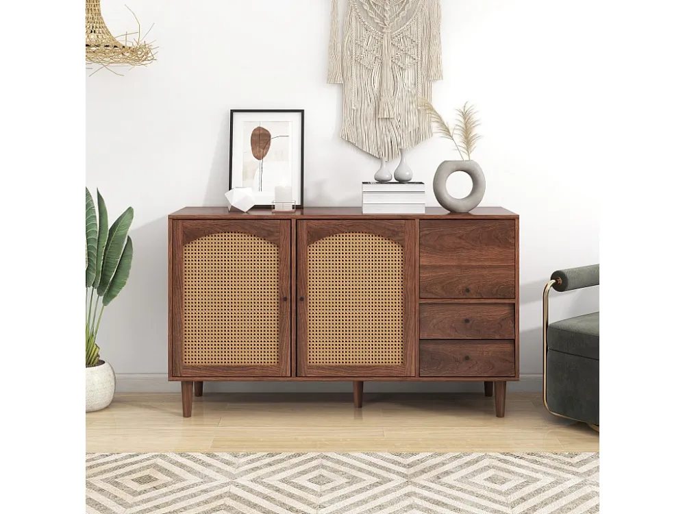Buffet en rotin - Armoire de rangement 3 tiroirs 2 portes - Meuble pour chambre - Couleur du bois 130x75.5x40 cm