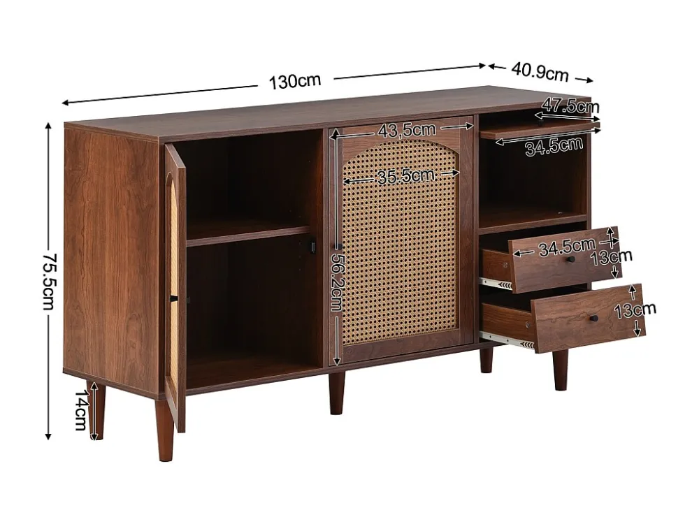 Buffet en rotin - Armoire de rangement 3 tiroirs 2 portes - Meuble pour chambre - Couleur du bois 130x75.5x40 cm