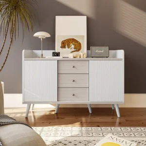 Buffet 3 tiroirs 2 portes avec étagères de rangement pour chambre - Buffet veinage exquis - Blanc et bois
