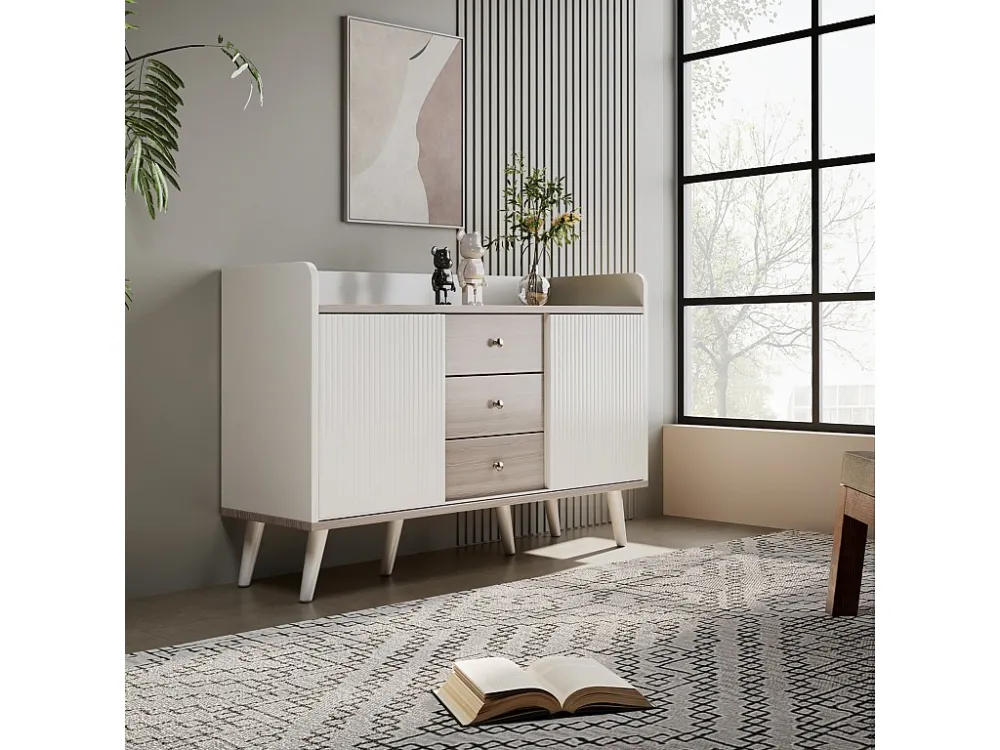 Buffet 3 tiroirs 2 portes avec étagères de rangement pour chambre - Buffet veinage exquis - Blanc et bois