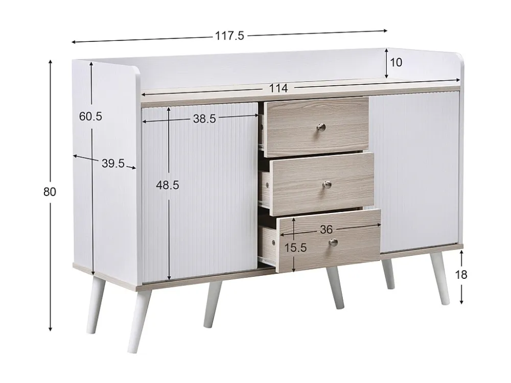 Buffet 3 tiroirs 2 portes avec étagères de rangement pour chambre - Buffet veinage exquis - Blanc et bois