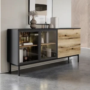 Buffetkast 2 deurtjes en 3 lades met ledverlichting - Houtlook en zwart - ELYNIA