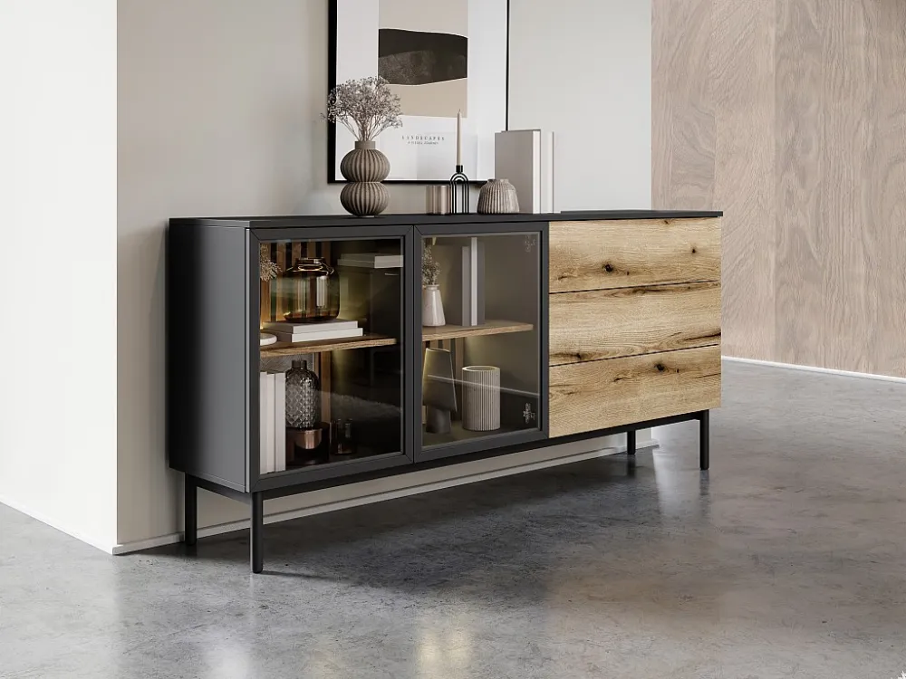Buffetkast 2 deurtjes en 3 lades met ledverlichting - Houtlook en zwart - ELYNIA