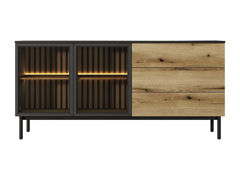 Buffetkast 2 deurtjes en 3 lades met ledverlichting - Houtlook en zwart - ELYNIA
