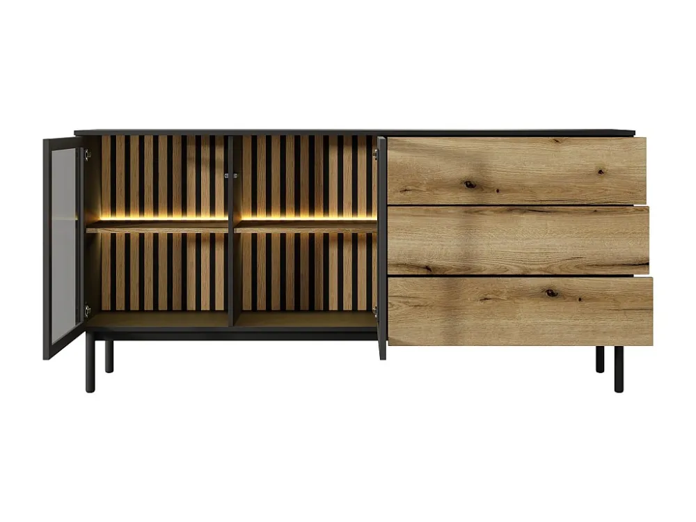 Buffetkast 2 deurtjes en 3 lades met ledverlichting - Houtlook en zwart - ELYNIA