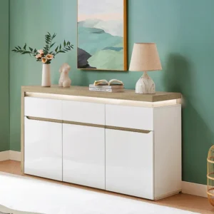 Buffetkast MDF met 3 deurtjes en 3 lades - Houtlook en glanzend wit - VADEMOSA