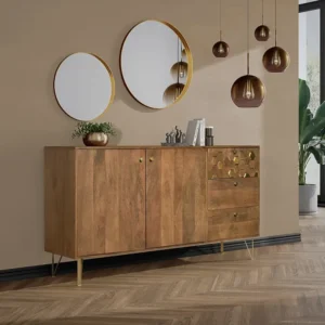Buffetkast met 2 deurtjes en 3 lades mangohout en metaal - Houtlook en goudkleurig - BELORI