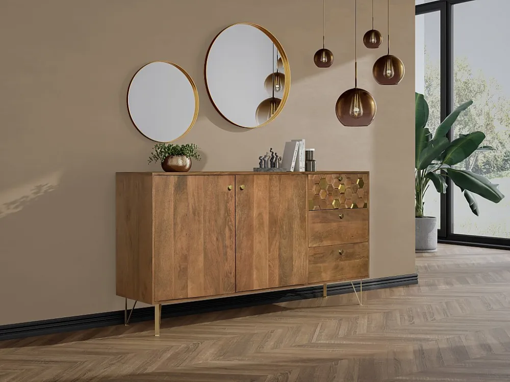 Buffetkast met 2 deurtjes en 3 lades mangohout en metaal - Houtlook en goudkleurig - BELORI