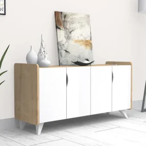 Buffetkast met 4 deuren - Kleur: wit en naturel - AYSANA