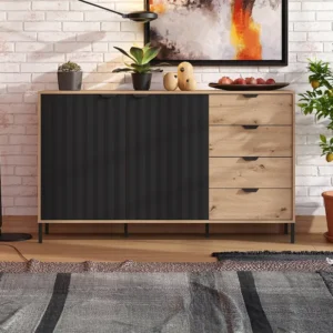 Buffetkast met 2 deuren en 4 lades - Naturel en zwart - MEVIELA