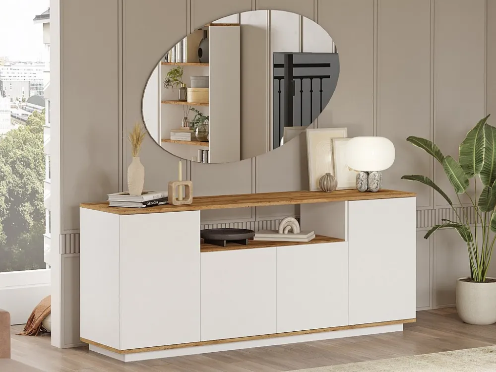 Buffetkast met 4 deuren en 1 plank - Licht naturel en wit - LOTULA
