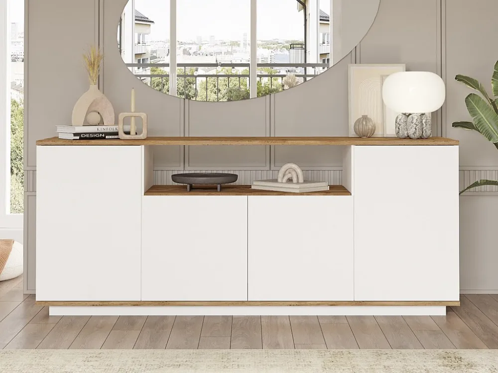 Buffetkast met 4 deuren en 1 plank - Licht naturel en wit - LOTULA