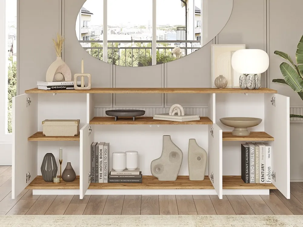 Buffetkast met 4 deuren en 1 plank - Licht naturel en wit - LOTULA