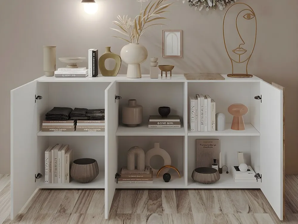 Buffetkast met 3 deuren - Wit en licht naturel - CAYNO
