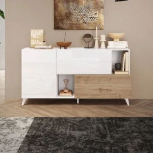 Buffetkast met 2 deurtjes, 2 lades en 2 nissen - Houtlook en wit gelakt - DONALA