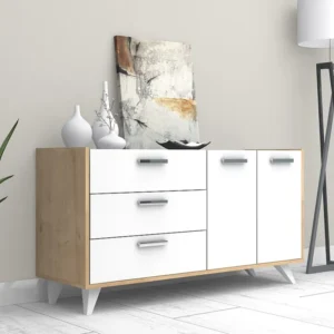 Buffetkast met 2 deurtjes en 3 lades - Wit en naturel - NAELY