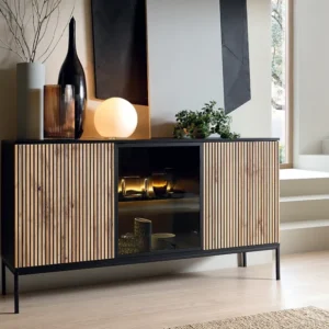 Buffetkast met 3 deurtjes met ledverlichting van mdf en gerookt glas - Zwart en naturel - OVILA