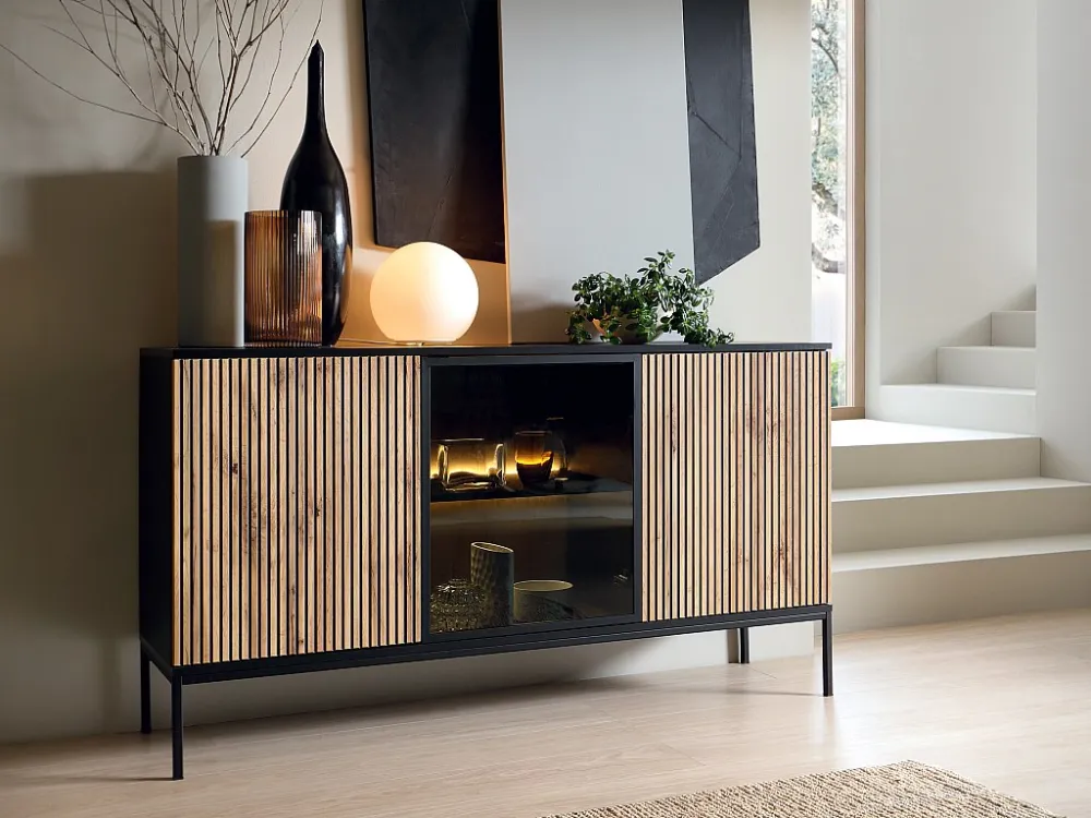 Buffetkast met 3 deurtjes met ledverlichting van mdf en gerookt glas - Zwart en naturel - OVILA