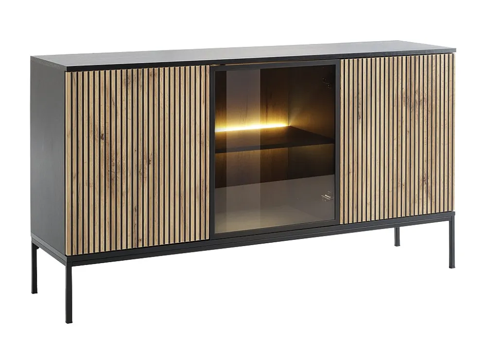 Buffetkast met 3 deurtjes met ledverlichting van mdf en gerookt glas - Zwart en naturel - OVILA
