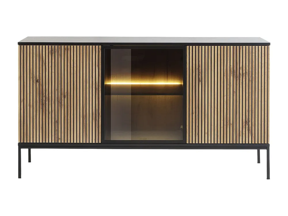 Buffetkast met 3 deurtjes met ledverlichting van mdf en gerookt glas - Zwart en naturel - OVILA