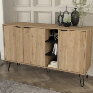 Buffetkast met 3 deurtjes en 3 nissen - Houtlook en zwart - POMONA